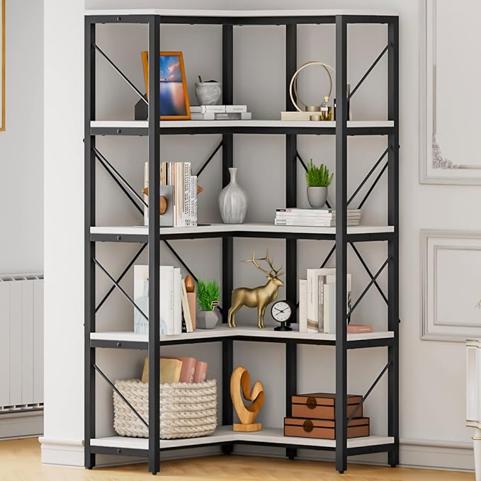 YITAHOME Corner Bookshelf, 5-Tier L-Shaped Bookcase Storage Organizer, Tall Open Display Freestanding Storage Rack Modern Book Shelf for Living Room, Bedroom, Home Office, White - LeafyLoom