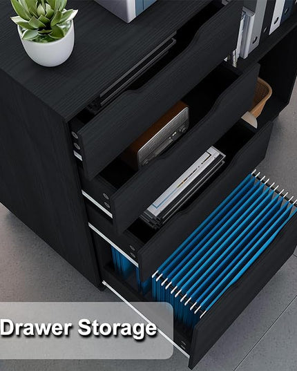 4 Drawers Lateral File Cabinet, Wood Filing Cabinet, Printer Stand with Open Storage Shelves for Home Office, 6 Compartments, Black - LeafyLoom