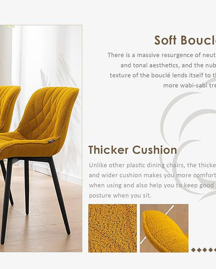 YOUNUOKE Comfortable Dining Chairs Set of 2, Mid-Century Modern Kitchen Dining Room Chairs, Upholstered Backrest Boucle Dining Chair with Black Metal, Yellow - LeafyLoom