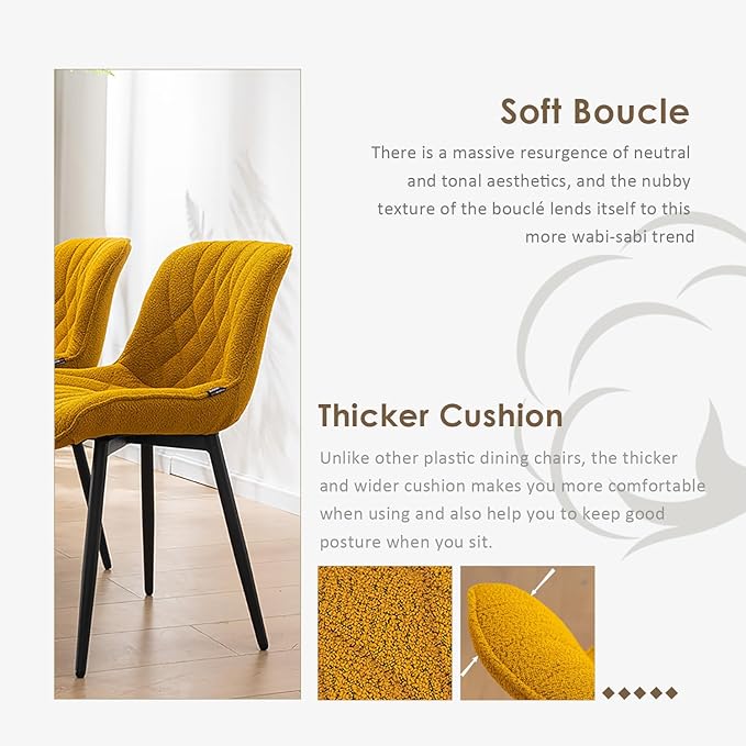 YOUNUOKE Comfortable Dining Chairs Set of 2, Mid-Century Modern Kitchen Dining Room Chairs, Upholstered Backrest Boucle Dining Chair with Black Metal, Yellow - LeafyLoom