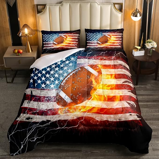 Boys American Football Comforter Set, United States Flag Down Comforter Full Size, Soccer Sports Games Bedding Set for Kids Teens Adult Men, Geometric Stripes Retro Duvet Sets, Blue White and Red - LeafyLoom