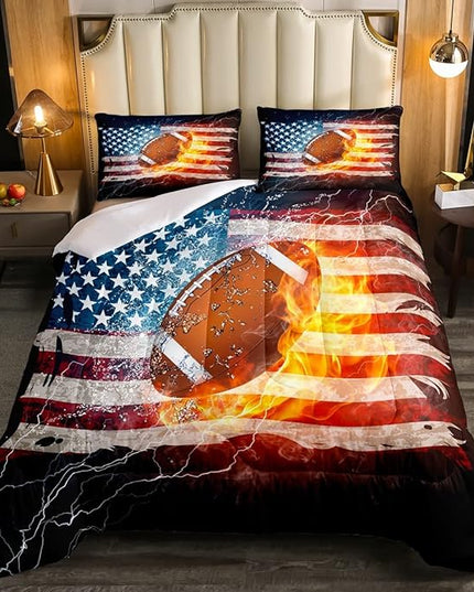 Boys American Football Comforter Set, United States Flag Down Comforter Queen Size, Soccer Sports Games Bedding Set for Kids Teens Adult Men, Geometric Stripes Retro Duvet Sets, Blue White and Red - LeafyLoom