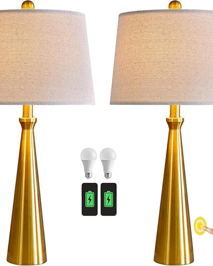 Oneach 25.75" 3-Way Dimmable Touch Control Modern USB Table Lamp Set of 2 for Living Room Bed Room Bedside Nightstand Lamps Fabric Shade Vintage Accent Light Gold Antique Brass - LeafyLoom