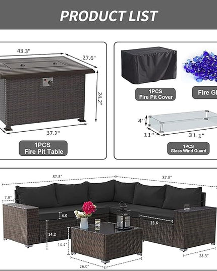 Kullavik 7 Pieces Outdoor Patio Furniture Set with 43" 55000BTU Gas Propane Fire Pit Table PE Wicker Rattan Sectional Sofa Patio Conversation Sets - LeafyLoom