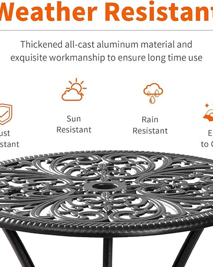 Bistro Table and Chairs Set of 2 Outdoor 3 Piece Bistro Sets Cast Aluminum Patio Bistro Set with Umbrella Hole, Patio Set for Garden, Black - LeafyLoom