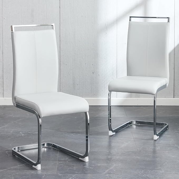 Dining Chairs Set, Kitchen Modern Metal Chairs with Faux Leather Padded Seat High Back and Sturdy Chrome Legs, Chairs for Dining Room (Light Gray, Set of 2) - LeafyLoom