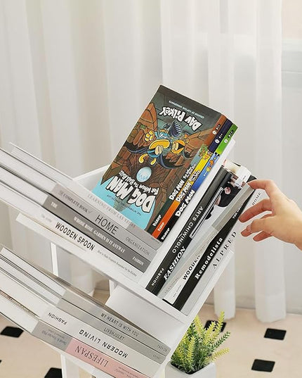 Small Bookshelf with Drawer,4 Tier Tree Book Shelf,Wood Desk Bookshelves,Modern Free Standing Desktop Display Shelves,White Floor Standing Organizer Bookcase for Living Room,Bedroom,Office - LeafyLoom