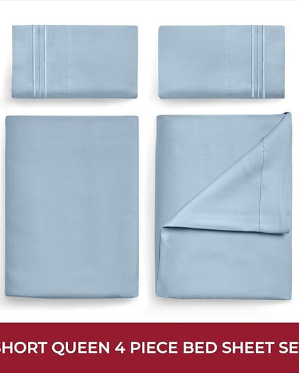 Mellanni RV Short Queen Sheets - 4 PC Iconic Collection Bedding Sheets & Pillowcases - Hotel Luxury, Extra Soft, Cooling Bed Sheets - Deep Pocket up to 10 inch (RV/Short Queen, Blue Hydrangea) - LeafyLoom