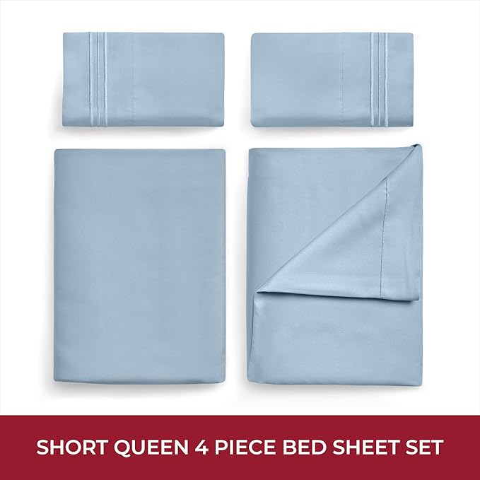 Mellanni RV Short Queen Sheets - 4 PC Iconic Collection Bedding Sheets & Pillowcases - Hotel Luxury, Extra Soft, Cooling Bed Sheets - Deep Pocket up to 10 inch (RV/Short Queen, Blue Hydrangea) - LeafyLoom