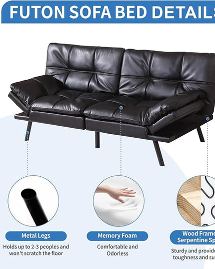 MUUEGM Faux Leather Futon Sofa Bed, Convertible Memory Foam Couch Bed, Modern Love Seat for Living Room,Compact Space,Apartment,Office,Adjustable Backrests Armrests Couch Sleeper,71" Black - LeafyLoom