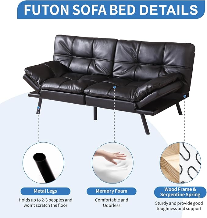 MUUEGM Faux Leather Futon Sofa Bed, Convertible Memory Foam Couch Bed, Modern Love Seat for Living Room,Compact Space,Apartment,Office,Adjustable Backrests Armrests Couch Sleeper,71" Black - LeafyLoom