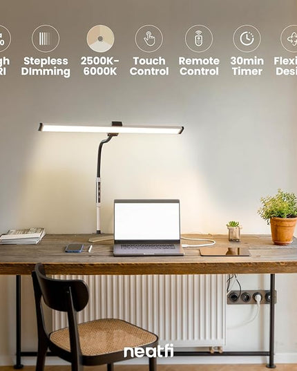 Neatfi Modern Desk Lamp with Clamp, Touch & Remote Controlled, 15W, Adjustable Color Temperature (3000K-6000K), Stepless Dimming, Flicker-Free, Wide-Angle Lighting for Home (Gooseneck, Silver) - LeafyLoom