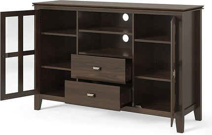 SIMPLIHOME Artisan SOLID WOOD Universal TV Media Stand, 53 inch Wide, Transitional, Living Room Entertainment Center, Storage Shelves and Cabinets, for Flat Screen TVs up to 60 inches in Tobacco Brown - LeafyLoom