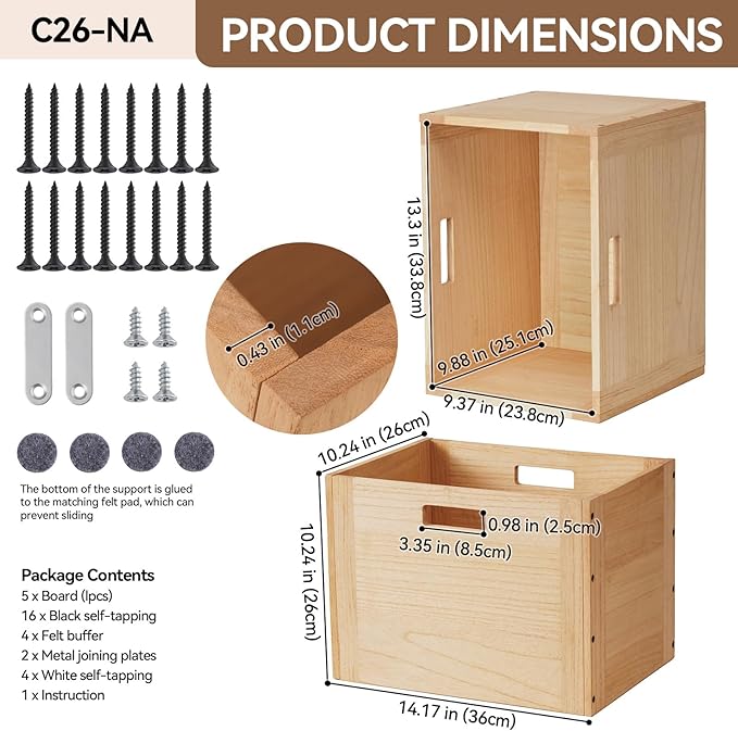 KIRIGEN Stackable Wood Storage Cube /Basket/ Bins Organizer for Home Books Clothes Toy Modular Open Cubby Storage System - Office Cubical Bookcase Closet Shelves C26-NA - LeafyLoom