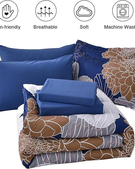 Yiran 7 Pieces Floral Comforter Bedding Sets Bed in a Bag Navy Brown Soft Microfiber Comforter Set with Comforter, Sheets, Pillowcases & Shams King Size 103"×90" - LeafyLoom