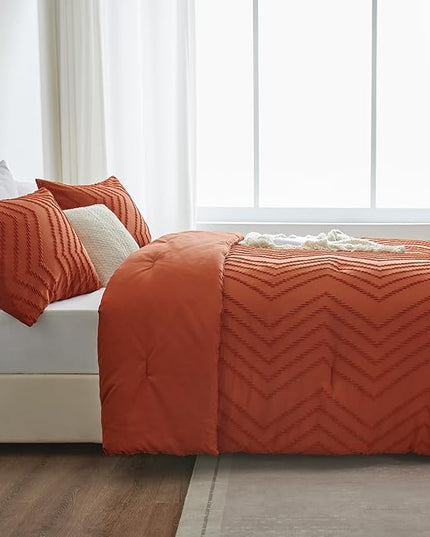 CozyLux Queen Comforter Set Burnt Orange - 3 Pieces Terracotta Boho Tufted Shabby Chic Bedding Comforter Set for All Seasons, Chevron Bedding Sets with Comforter & 2 Pillow Shams - LeafyLoom