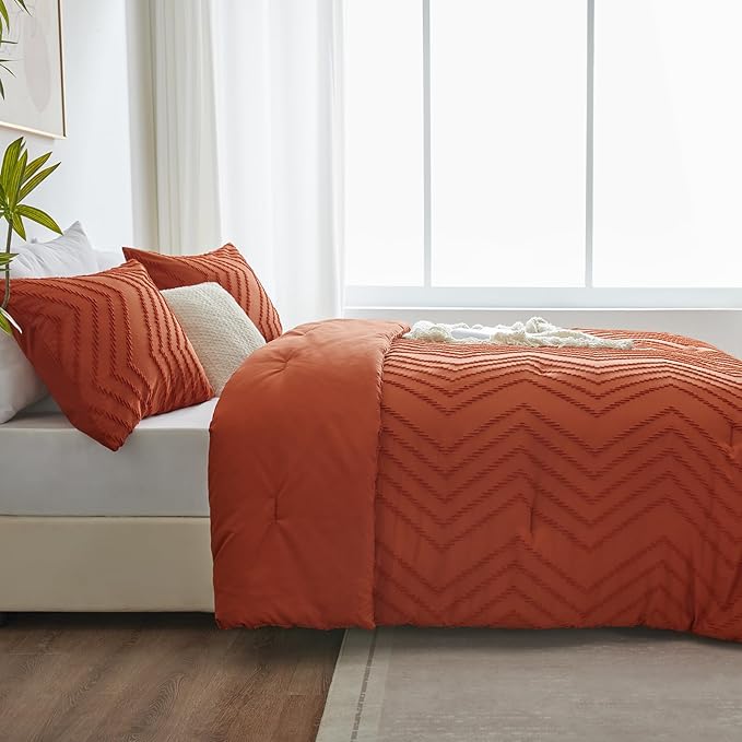 CozyLux Full Size Comforter Set Burnt Orange - 3 Pieces Terracotta Boho Tufted Shabby Chic Bedding Comforter Set for All Seasons, Chevron Bedding Sets with Comforter & 2 Pillow Shams - LeafyLoom