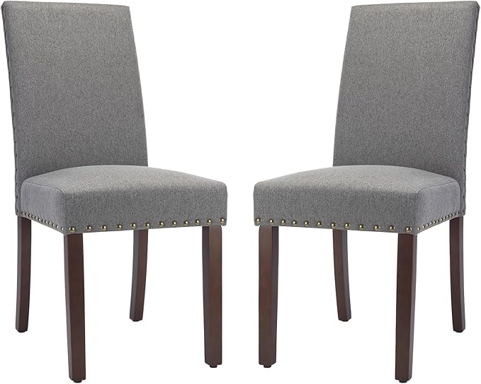 COLAMY Modern Wood Dining Chairs Set of 2, Parsons Dining Chairs, 19 Inch Padded Dining Chairs with Nailed Trim for Kitchen Dining Living Room, Grey - LeafyLoom