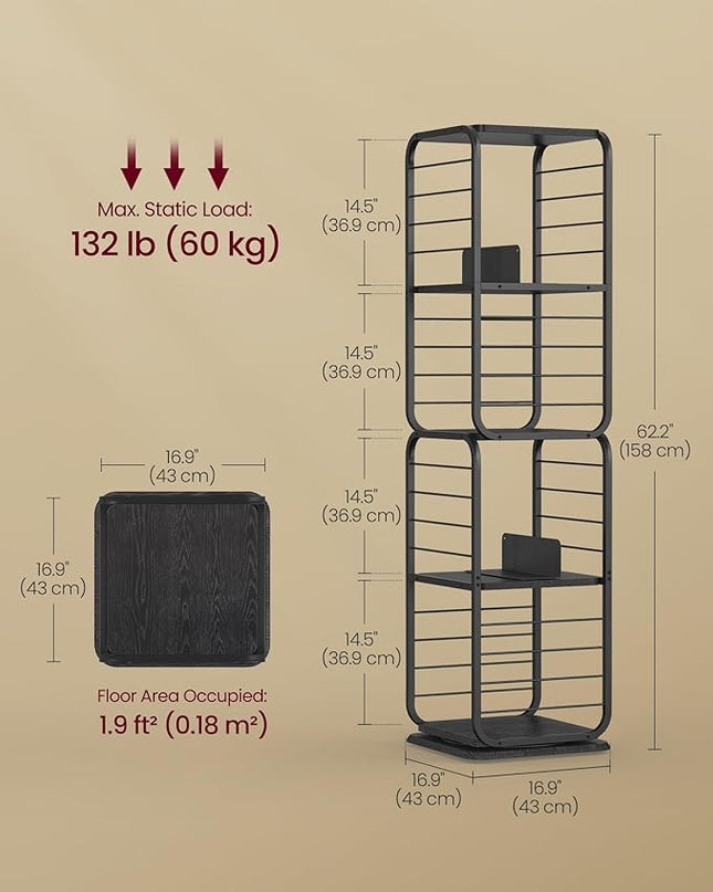 VASAGLE 4-Tier Rotating Bookshelf, Bookcase with Bookends for Small Spaces, Corner Shelf, Steel Frame, Ebony Black and Ink Black ULLS127B56 - LeafyLoom