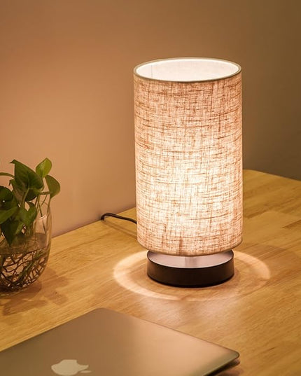 Table Lamp, Bedside Nightstand Lamp, Simple Desk Lamp, Fabric Wooden Table Lamp for Bedroom Living Room Office Study, Cylinder Black Base - LeafyLoom