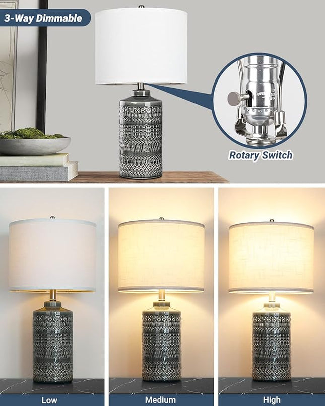 Modern Ceramic Table Lamp, 24.5" Living Room Lamps 3-Way Dimmable Gray Nightstand Lamp with White Shade|Tall Bedside Lamp Desk Decor Lamps for Bedrooms Farmhouse Office End Table Lamps(Bulb Included) - LeafyLoom