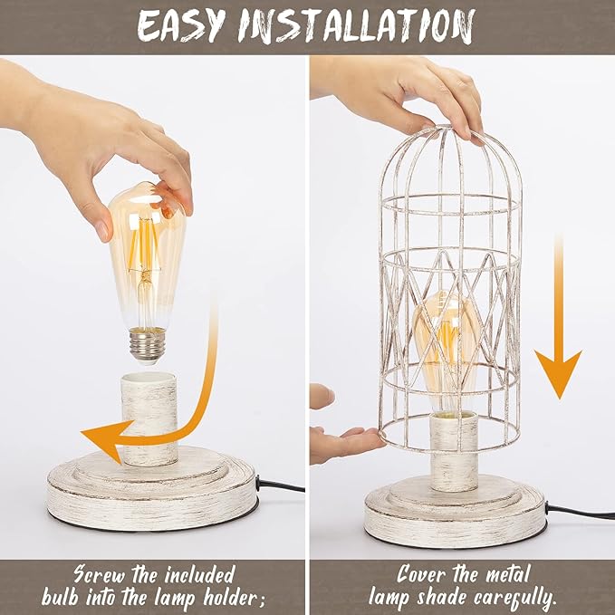 Small Table Lamp, Touch Control Table Lamp with Brushed White Oak Cage, Farmhouse Bedside Lamp 3-way Dimmable Nightstand Lamp Edison Lamp for Bedroom, Living Room, Hallway, Kitchen, LED Bulb Included - LeafyLoom