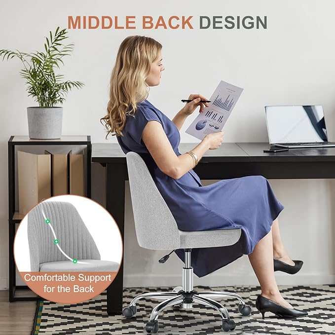MCQ Office Desk Chair, Modern Cute Rolling Vanity Swivel Task Chairs with Wheels, Comfortable Back Seat Armless for Home, Bedrooms, Office, Study, Student, Adults, Make-up, Dressing Room, Cloud - LeafyLoom