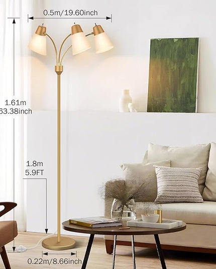 FOLKSMATE LED Floor Lamp, Medusa 3 Head Modern Adjustable Gooseneck Tall Standing Light for Living/Kids Room, Bedroom, Brass Gold - LeafyLoom