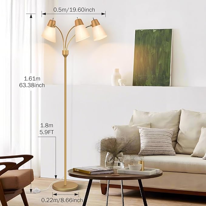 FOLKSMATE LED Floor Lamp, Medusa 3 Head Modern Adjustable Gooseneck Tall Standing Light for Living/Kids Room, Bedroom, Brass Gold - LeafyLoom