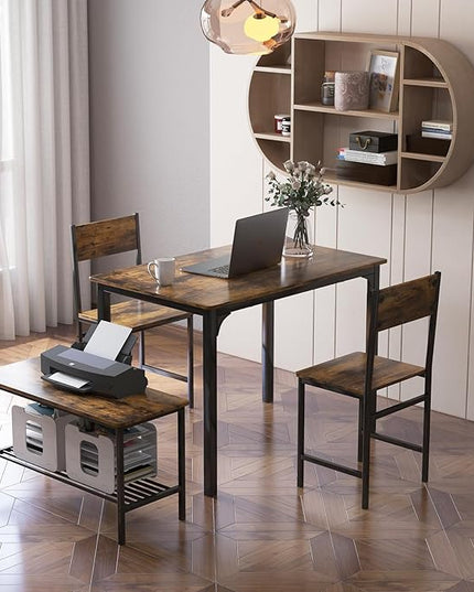 Moccha Dining Table Set for 4, Wooden Kitchen Table with with 2 Chairs and a Long Bench, Modern 4-Piece Dinette with Metal Frame & Storage Rack, Space-Saving Table Set for Dining Room, Rustic Brown - LeafyLoom