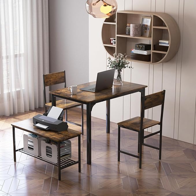 Moccha Dining Table Set for 4, Wooden Kitchen Table with with 2 Chairs and a Long Bench, Modern 4-Piece Dinette with Metal Frame & Storage Rack, Space-Saving Table Set for Dining Room, Rustic Brown - LeafyLoom