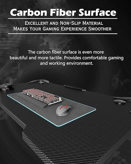 PC Gaming Desk 44 Inch Z Shaped Carbon Fiber Surface Desktop Computer Table with Cup Holder & Headphone Hook, Black - LeafyLoom
