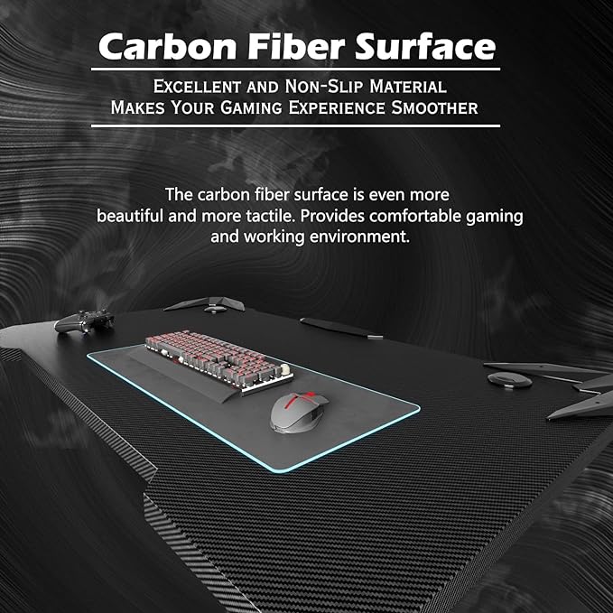 PC Gaming Desk 44 Inch Z Shaped Carbon Fiber Surface Desktop Computer Table with Cup Holder & Headphone Hook, Black - LeafyLoom