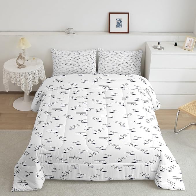 Airplane Bedding Set Full Size Flight Comforter Set for Kids Boys Girls Decor Vintage Aircraft Comforter Helicopter Flying Plane Blue and White Duvet Set Bedroom Quilt Set - LeafyLoom