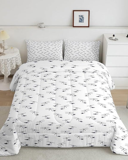 Feelyou Airplane Bedding Set King Size Flight Comforter Set for Kids Boys Girls Decor Vintage Aircraft Comforter Helicopter Flying Plane Blue and White Duvet Set Bedroom Quilt Set - LeafyLoom