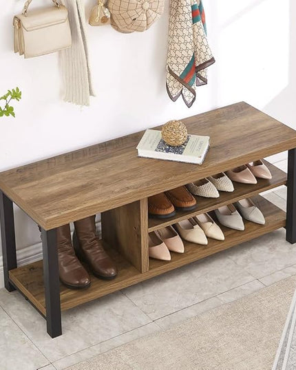 FOLUBAN Industrial Entryway Bench, Rustic Wood and Metal Shoe Storage Bench Seat for Living Room, Oak - LeafyLoom
