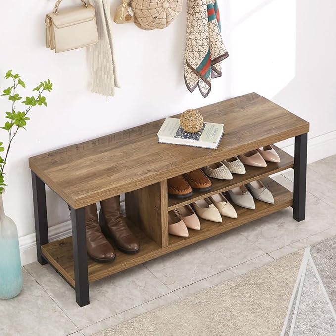 FOLUBAN Industrial Entryway Bench, Rustic Wood and Metal Shoe Storage Bench Seat for Living Room, Oak - LeafyLoom