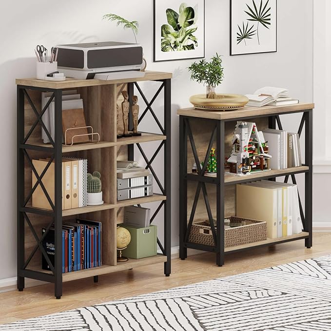 FATORRI Rustic 6 Cube Storage Organizer Shelf, Wood and Metal Cubby Bookcase, Industrial 4 Tier Cube Bookshelf (Rustic Oak) - LeafyLoom