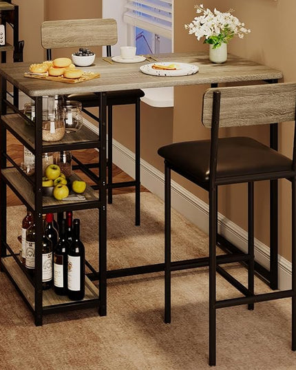 GAOMON Dining Table Set for 2, Kitchen Table and Chairs for 2 with Upholstered Chairs, 3 Piece Counter Height Bar Kitchen Table Set with 3 Storage Shelves for Small Space, Apartment, Rustic Gray - LeafyLoom