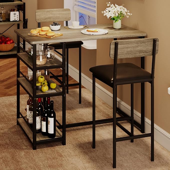 GAOMON Dining Table Set for 2, Kitchen Table and Chairs for 2 with Upholstered Chairs, 3 Piece Counter Height Bar Kitchen Table Set with 3 Storage Shelves for Small Space, Apartment, Rustic Gray - LeafyLoom