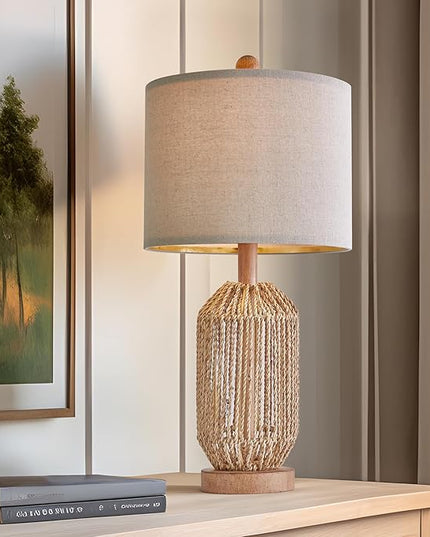 OYEARS 21" Boho Table Lamp for Living Room, Bedside Lamp for Nightstands, Rattan Lamp for Bedroom, Farmhouse Table Lamp for Room Decor, End Table, Retro, Brown, 1 Pack - LeafyLoom