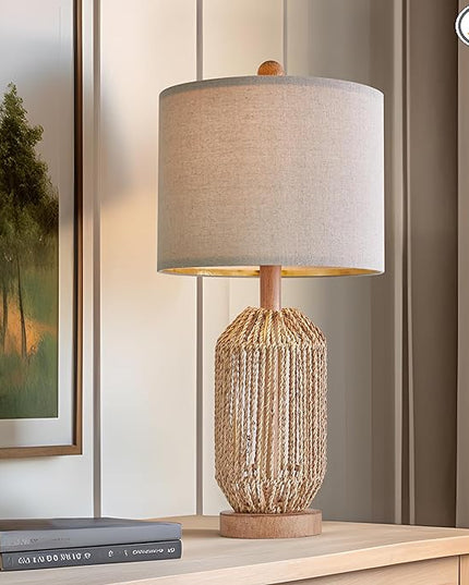 OYEARS 21" Boho Table Lamp for Living Room, Bedside Lamp for Nightstands, Rattan Lamp for Bedroom, Farmhouse Table Lamp for Room Decor, End Table, Retro, Brown, 1 Pack - LeafyLoom