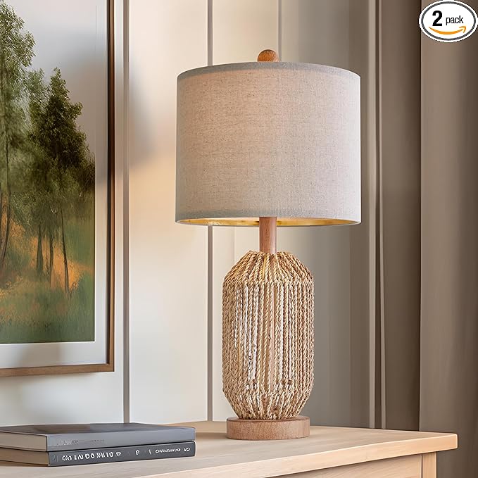 OYEARS 21" Boho Table Lamp for Living Room, Bedside Lamp for Nightstands, Rattan Lamp for Bedroom, Farmhouse Table Lamp for Room Decor, End Table, Retro, Brown, 1 Pack - LeafyLoom