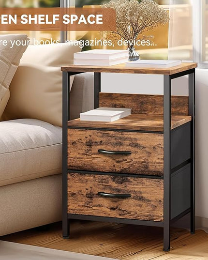 Nightstand with Charging Station, Bedside Table with LED Lights, Side Table with Fabric Drawers and Storage Shelf, Night Station with USB Ports & Outlets, Small End Table for Bedroom, Rustic Brown - LeafyLoom