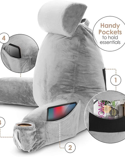 Clara Clark Reading Pillow, Large Back Pillow for Sitting Up in Bed, Memory Foam Back Support Pillow, Reading Pillows for Sitting in Bed Adult, Light Grey Sit Up Pillow for Bed with Arms and Pockets - LeafyLoom