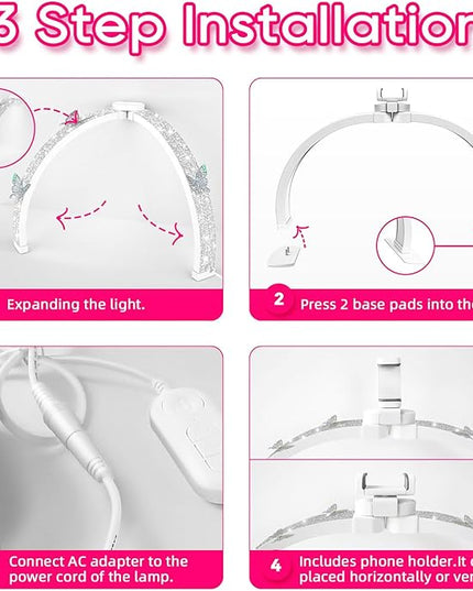 Half Moon Light for Nail Desk, Foldable 29" Nail Light for Desk, 180° Ultra-bright Nail Tech Desk Lamp, Portable Half Moon Lamp with Phone Holder & Organizer Bag - Sliver Diamond - LeafyLoom