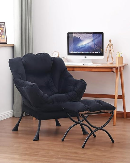 Lazy Chair and Ottoman, Large Accent Lounge Chair with Armrests and a Side Pocket, Modern Leisure Upholstered Sofa Reading Armchair with Footrest for Bedroom, Living Room, Dorm Rooms, Office - LeafyLoom
