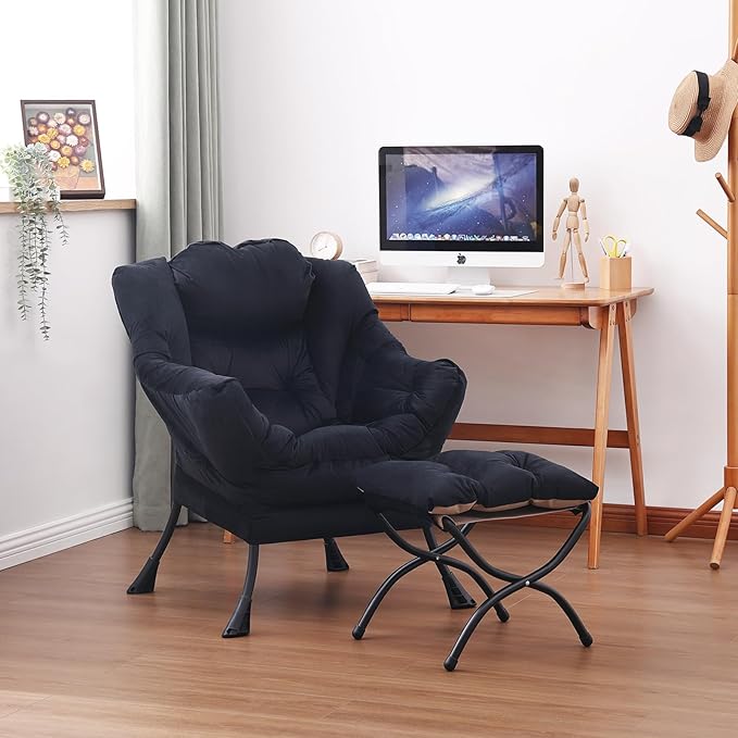 Lazy Chair and Ottoman, Large Accent Lounge Chair with Armrests and a Side Pocket, Modern Leisure Upholstered Sofa Reading Armchair with Footrest for Bedroom, Living Room, Dorm Rooms, Office - LeafyLoom
