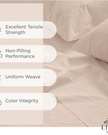 100% Cotton Percale Sheets California King Size, Sand Shell, Deep Pocket, 4 Pieces Sheet Set - 1 Flat, 1 Deep Pocket Fitted Sheet and 2 Pillowcases, Crisp Cool and Strong Bed Linen - LeafyLoom