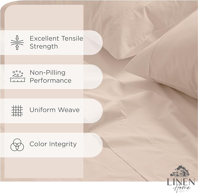 100% Cotton Percale Sheets California King Size, Sand Shell, Deep Pocket, 4 Pieces Sheet Set - 1 Flat, 1 Deep Pocket Fitted Sheet and 2 Pillowcases, Crisp Cool and Strong Bed Linen - LeafyLoom